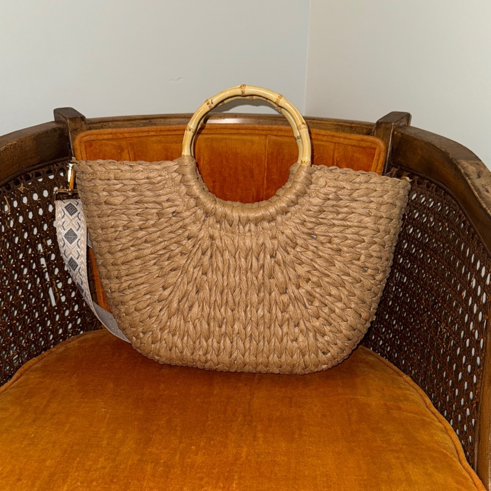 Chic Tan Woven Handbag with Bamboo Handles